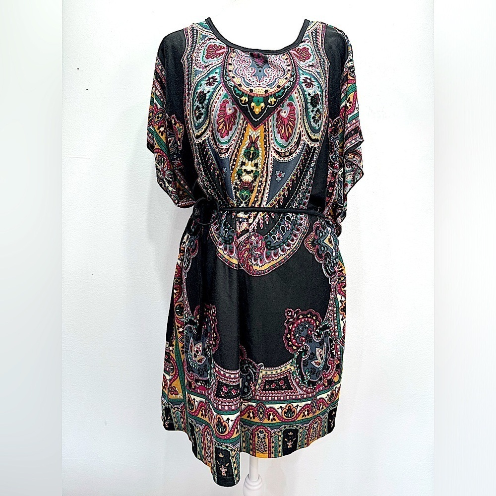 Funky People Black & Jewel Tones Paisley Boho Flutter Sleeve Tie Waist Dress L